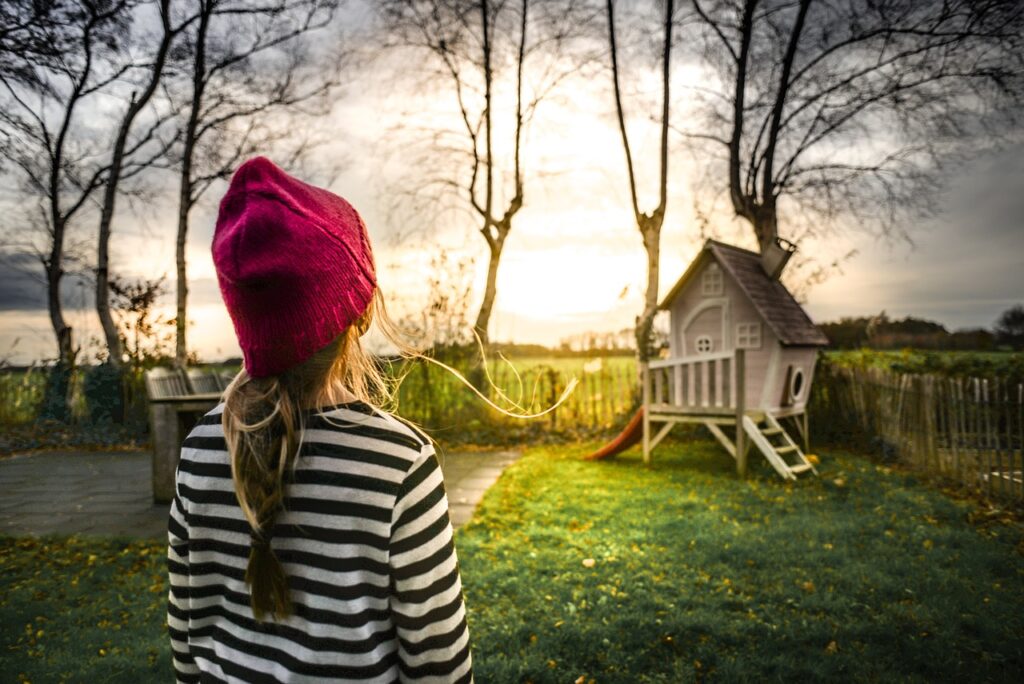 girl, childhood, nature, garden, backyard, evening, child, people, little, young, outdoor, striped, cap, kid, play, playing, watching, looking, play house